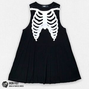 DOLLS KILL /IRON FIST BONE IN TRAPEZE TANK DRESS BLACK WHITE SKELETON BONES NWT